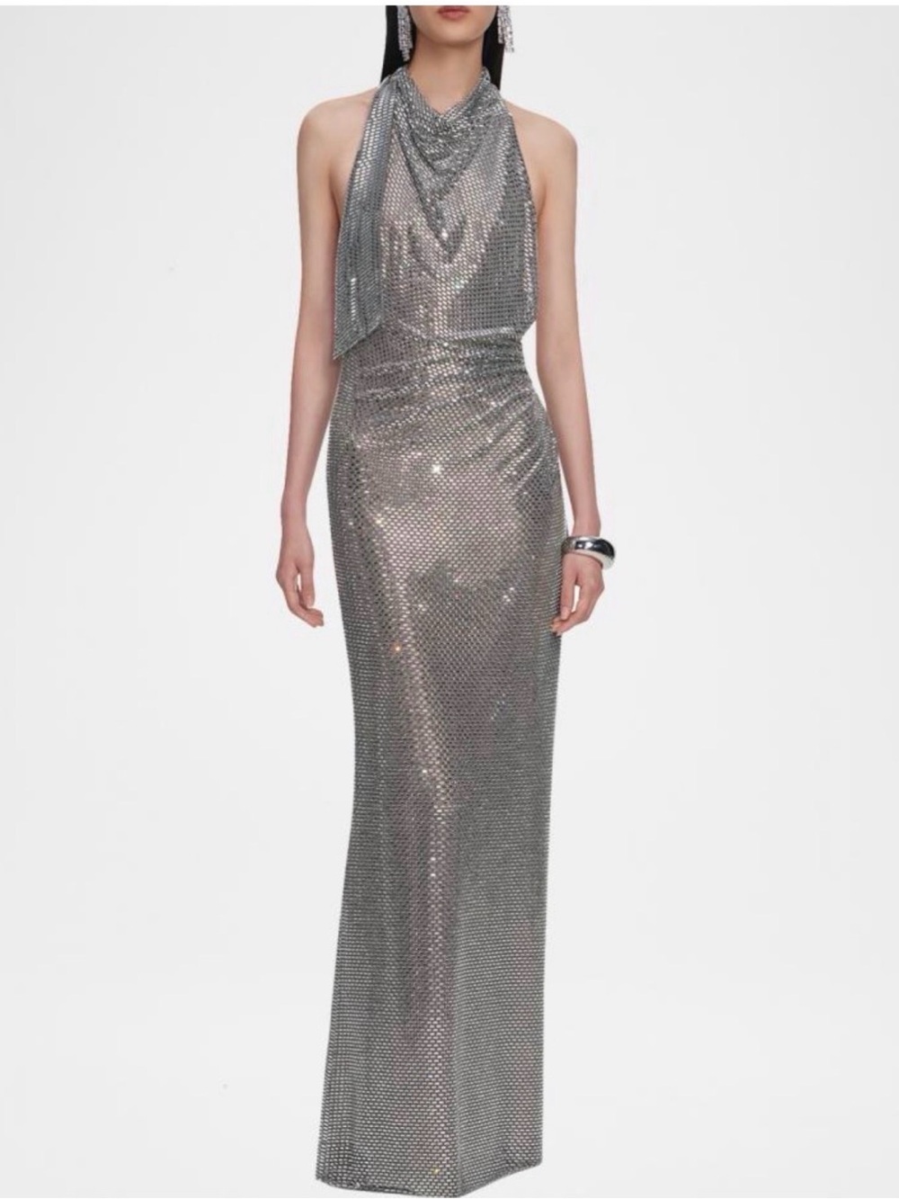Self-Portrait Silver Halter Draped Maxi Dress